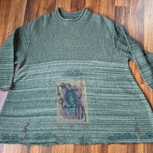 Blue Fish hand painted cotton linen blend green roll neck sweater One Size EUC
